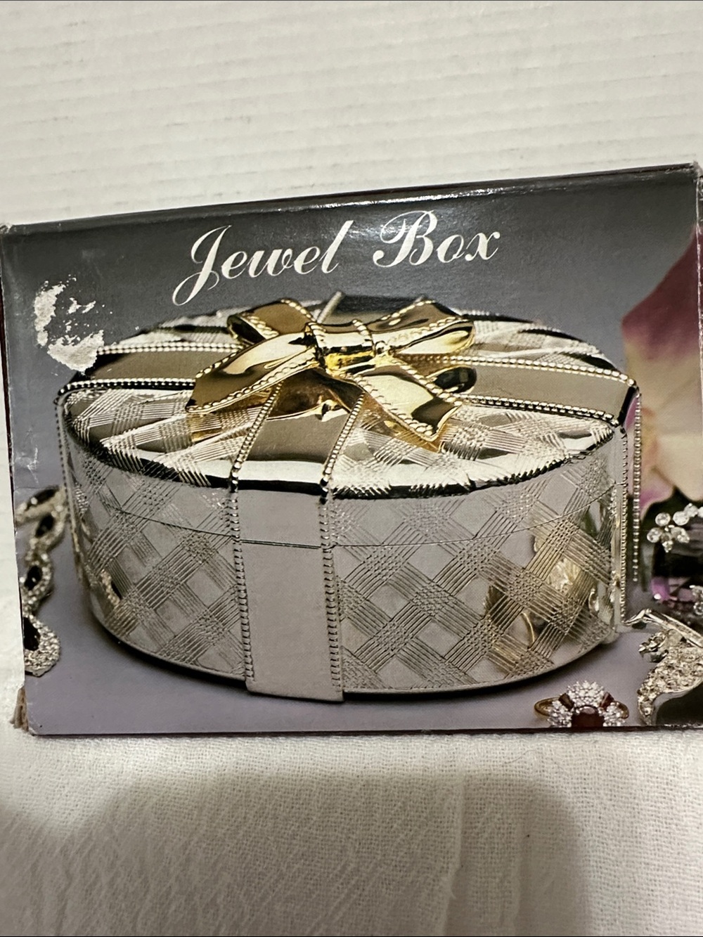 Jewel Silver and Gold Bow Oval Trinket Box Vintage NOS
